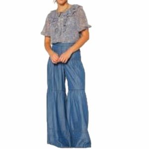 Sincerely Jules Blue Tiered Wide Leg Pants Lightweight Chambray
